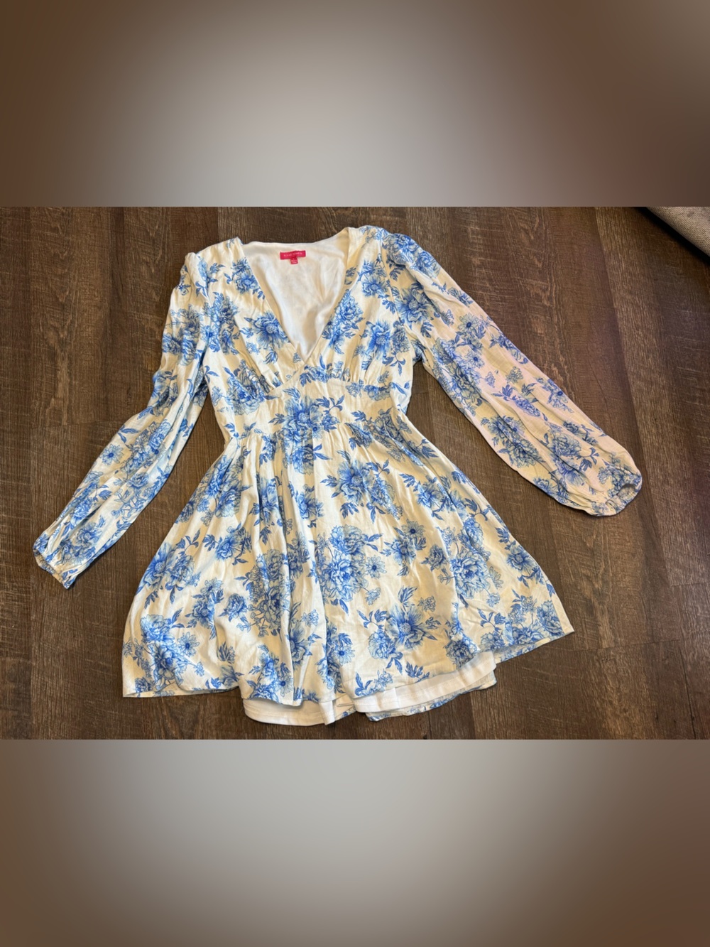 Flying Tomato Floral Blue&White Long Sleeve V-Neck Dress Elastic Waist Sz L